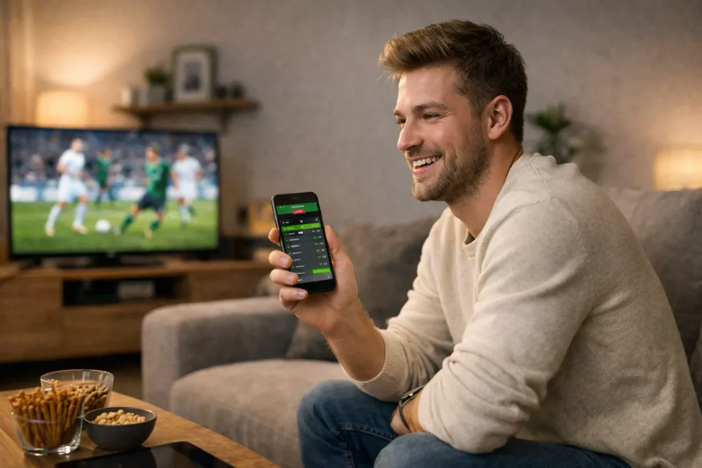 Začátečník u sportovního sázení sledující fotbalový zápas