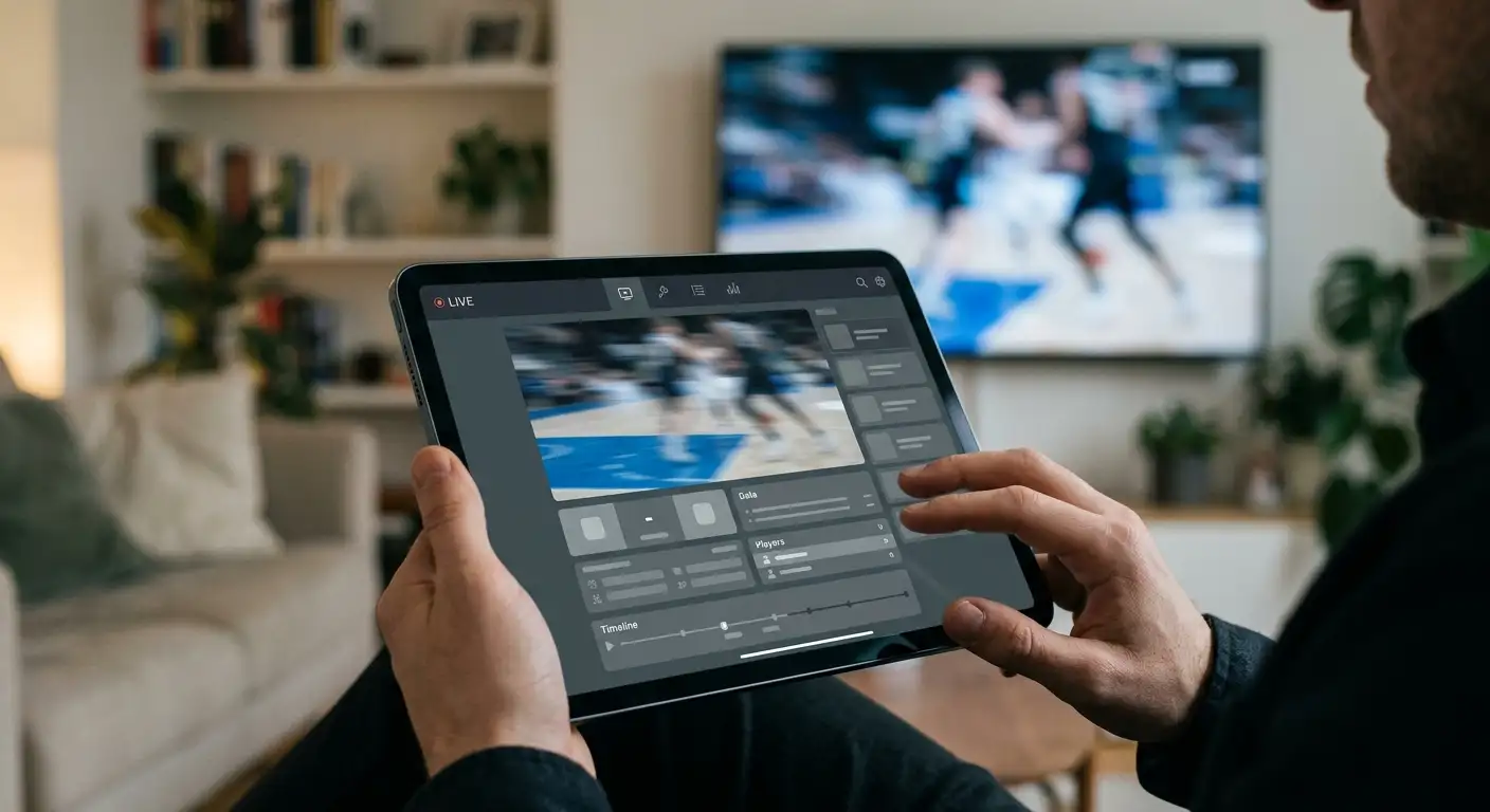 Sledování živého tenisového přenosu na tabletu během probíhajícího zápasu