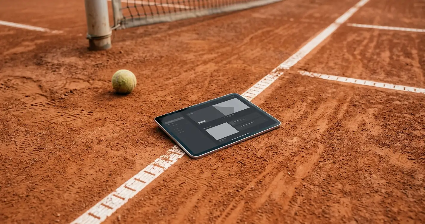 Tenisový kurt s tabletem zobrazujícím sázkové rozhraní – legální online sázení na tenis v Česku